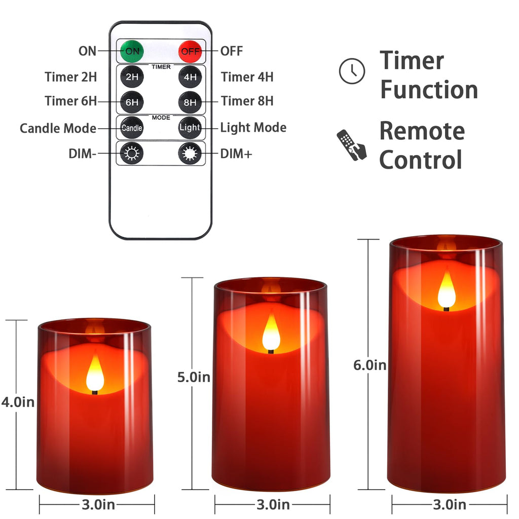 NURADA Flameless Candles with Remote Timer: 3D Wick Battery Operated Led Pillar Candle Fake Candles Set for Wedding Birthday Halloween Christmas Decorations - Red 3 Pack