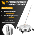 14" Pressure Washer Surface Cleaner with 4 Wheels - Stainless Steel Surface Cleaner for Pressure Washer Attachment for Concrete, Patio, Sidewalk, Deck and Driveways - PWS14
