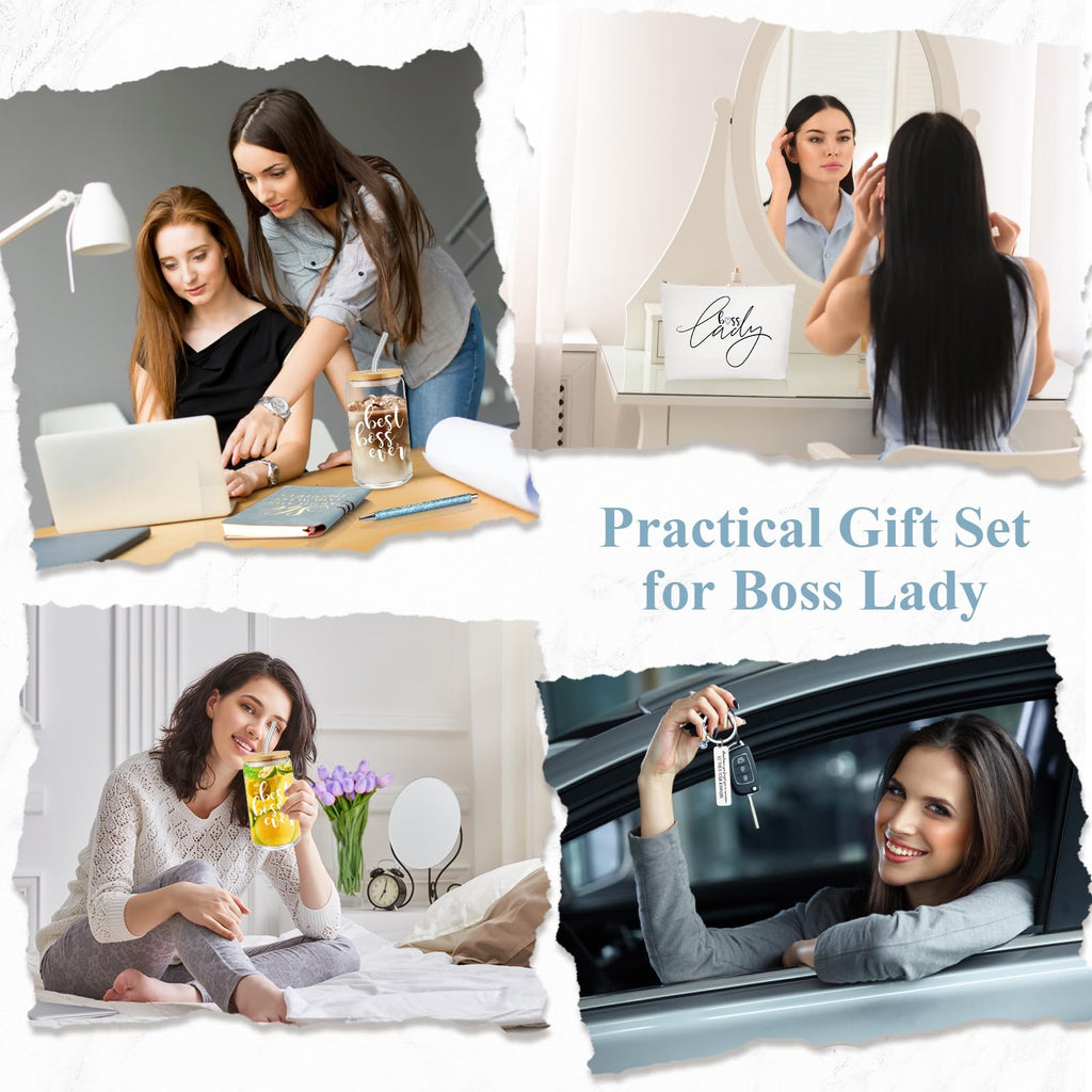 SiliFine 7 Pcs Boss Day Gift Sets Lady Thank You Gifts for Women Best Boss 16oz Glass Cup Makeup Bag Keychain A6 Notepad with 3 Ballpoints Pen Lady Leader Appreciation Day Christmas Favor(Blue)