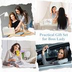 SiliFine 7 Pcs Boss Day Gift Sets Lady Thank You Gifts for Women Best Boss 16oz Glass Cup Makeup Bag Keychain A6 Notepad with 3 Ballpoints Pen Lady Leader Appreciation Day Christmas Favor(Blue)