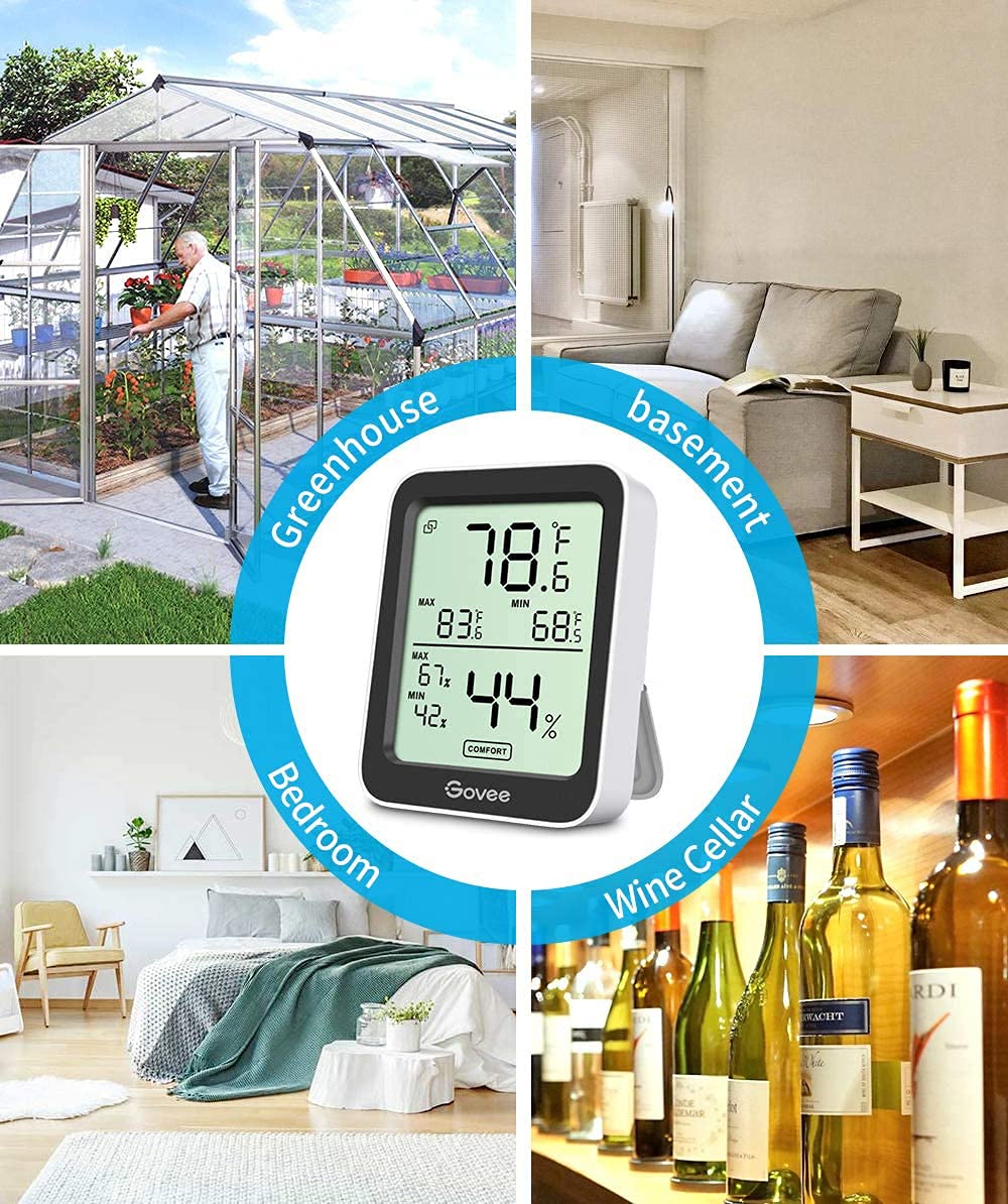 Govee Indoor Hygrometer Thermometer 2 Pack, Bluetooth Humidity Temperature Gauge with Large LCD Display, Notification Alert with Max Min Records, 2 Years Data Storage Export for Room Greenhouse, Black