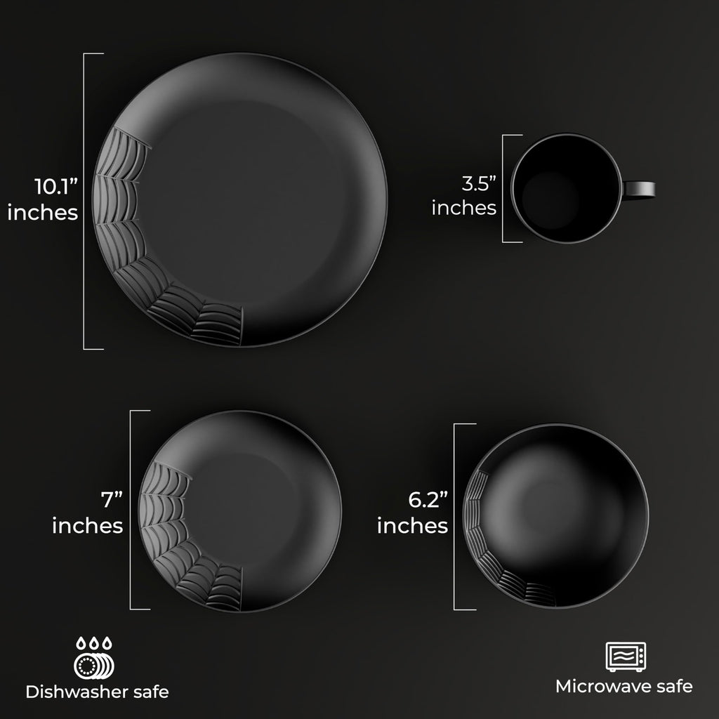 Nomnu Spiderweb Dinnerware Set (16 Pieces) - Gothic Kitchen Decor - Black Matte Porcelain Gothic Dinnerware Set: 4 Dinner Plates 4 Salad Plates 4 Bowls 4 Mugs - Spiderweb Decor Halloween Spooky Gifts