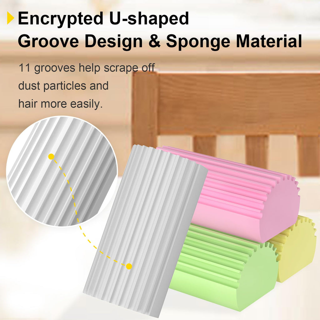 Jeymei 4-Pack Damp Clean Duster Sponge,Reusable Magic Dusting Sponge Brush for Cleaning Blinds, Glass, Baseboards,Vents,Railings,Mirrors,Window Track Grooves and Faucets (Grey,Yellow,Pink,Green)