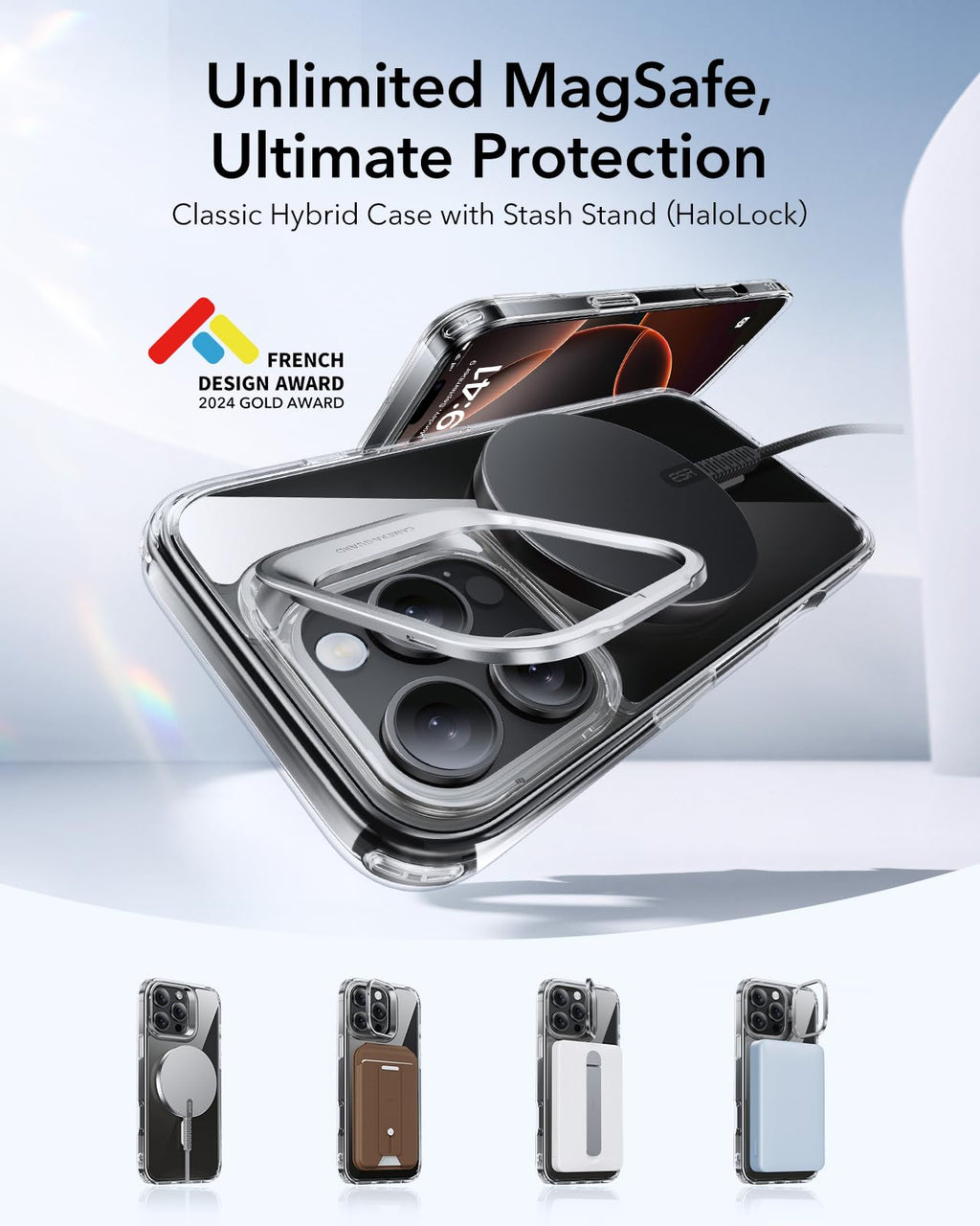 ESR for iPhone 16 Pro Case, Compatible with MagSafe, Military-Grade Protective Case, Built-in Stash Stand iPhone Case, Scratch-Resistant Back Cover, Classic Series, Clear
