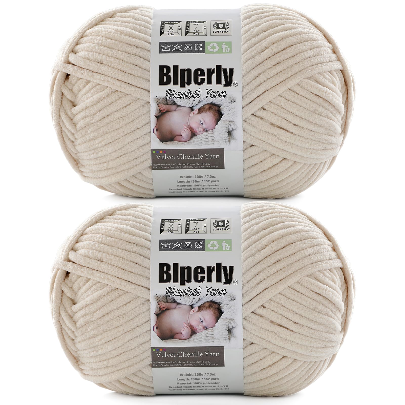 6 Super Bulky Velvet Chenille Yarn for Crocheting - 2 Skein of 200g/7 oz - Ultra Soft Heavy Weight Chunky Knitting Yarn for Baby Blankets, Amigurumi, Home Decor（Beige，2 Skein）