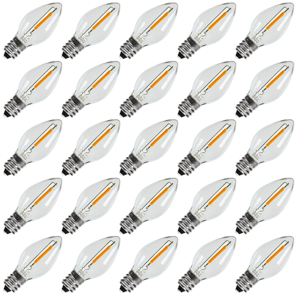 KGC 25Pack C7 LED Christmas Light Bulb, E12 Base Waterproof LED Bulbs for String Light, 0.6W 2200K Warm White 50LM, Clear Plastic Night Lights C7 LED Replacement Bulbs for Christmas String Lights.