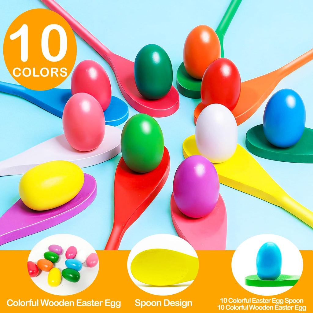 20 Pcs Easter Egg and Spoon Race Game Set, 10 Players Balance Relay Easter Games Include 10 Eggs and Wooden Spoons for Kids Family Carnival Sports Outdoor Games Holiday Birthday Party Supplies