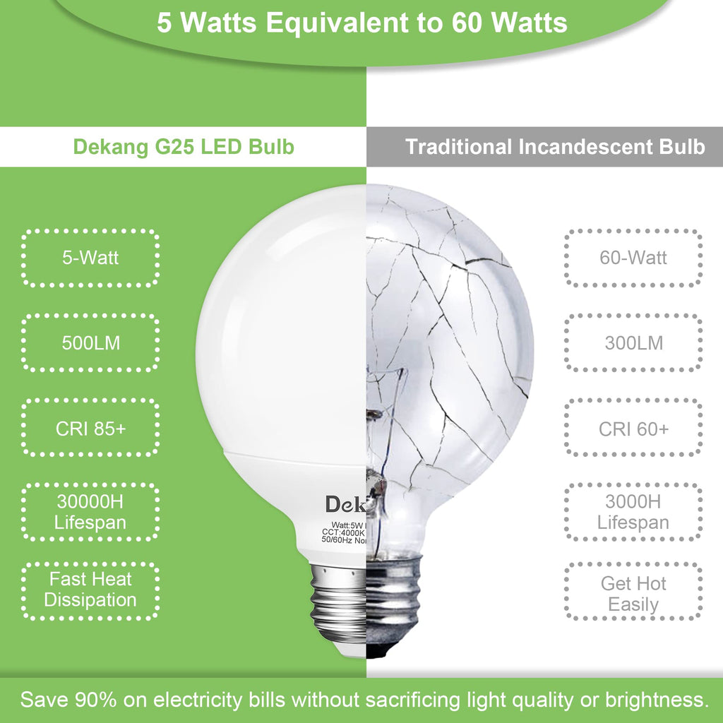 Dekang 8-Pack LED Vanity Light Bulbs for Bathroom 4000K Natural Daylight, E26 Base Globe 60W Incandescent Equivalent, 5W Round Light Bulbs for Vanity Mirror, 500LM, Non-dimmable