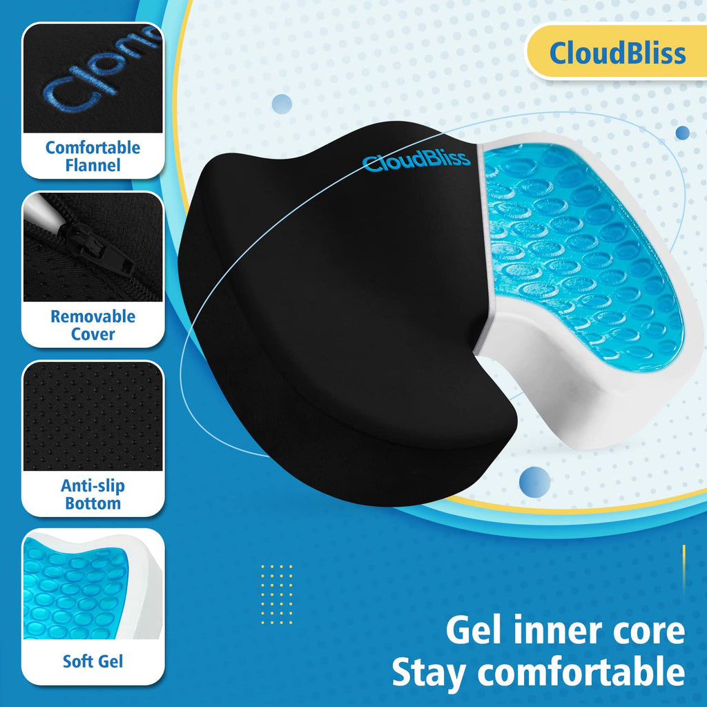 CloudBliss Large Office Chair Seat Cushion, Cooling Gel Enhanced Memory Foam for Long Sitting - Back, Sciatica, Coccyx, Tailbone Pain Relief Pillow - for Wheelchair，Office, Gaming, Car - Black