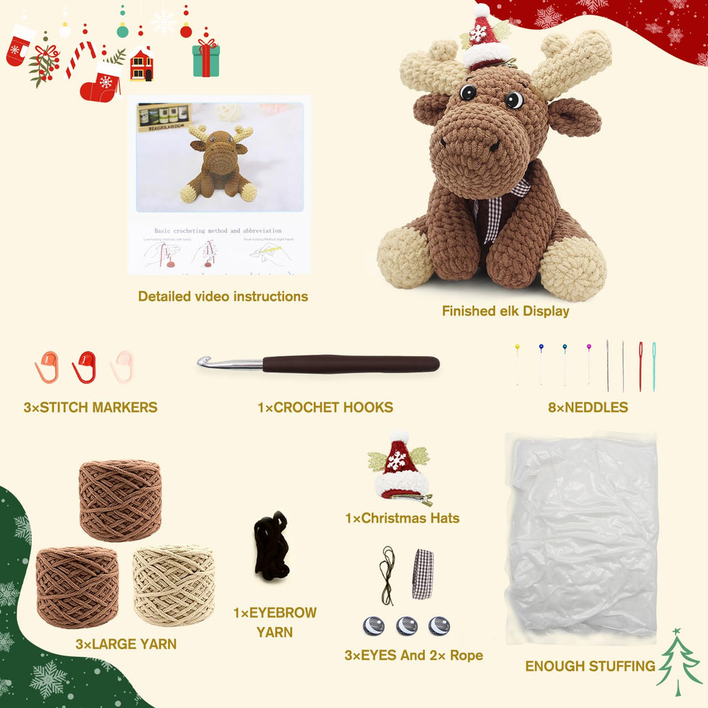 CODGP Crochet Kit for Beginners,11.8in Crochet Animal Kit Elk,Crochet Starter Kit Christmas Gift for Adults Kids with Yarn Sets,Amigurumi Crochet Kit with Step-by-Step Video Tutorials