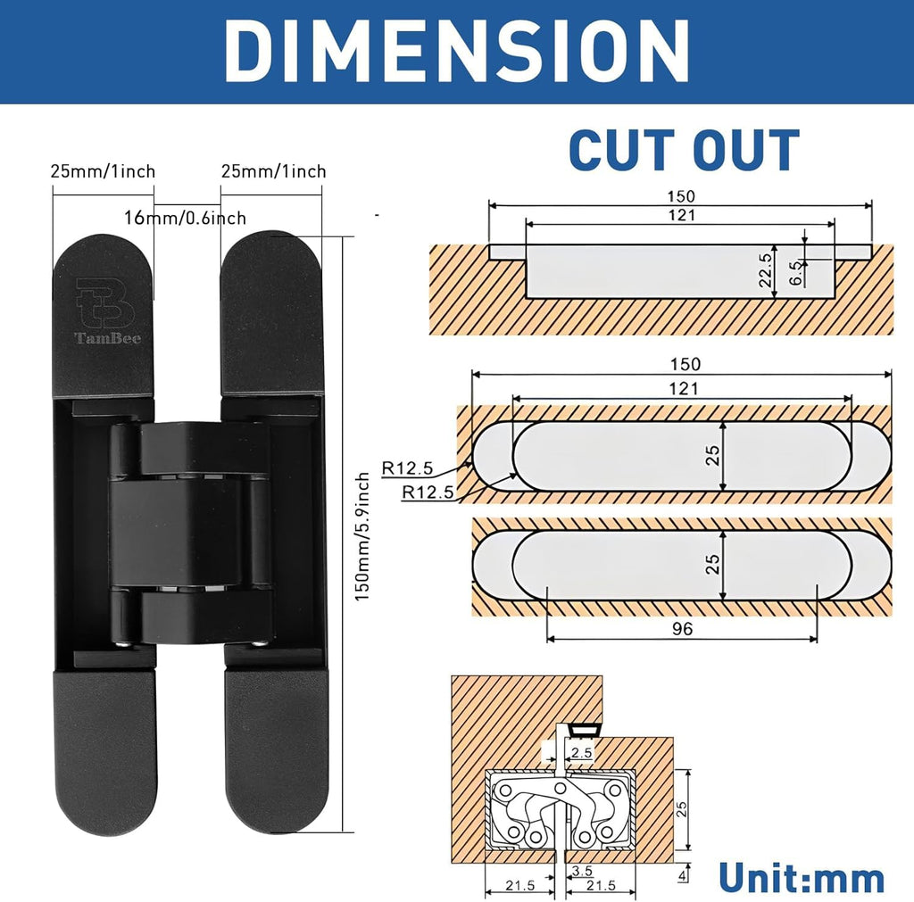 TamBee 6inch Hidden Door Hinges Invisible Hinges Concealed Hinges Zinc Alloy 180 Degree Swing Hinge 3 Way Adjustable Butt Hinge 6 x 2.5 x 1 inch Black (2 Hinges)
