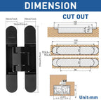 TamBee 6inch Hidden Door Hinges Invisible Hinges Concealed Hinges Zinc Alloy 180 Degree Swing Hinge 3 Way Adjustable Butt Hinge 6 x 2.5 x 1 inch Black (2 Hinges)