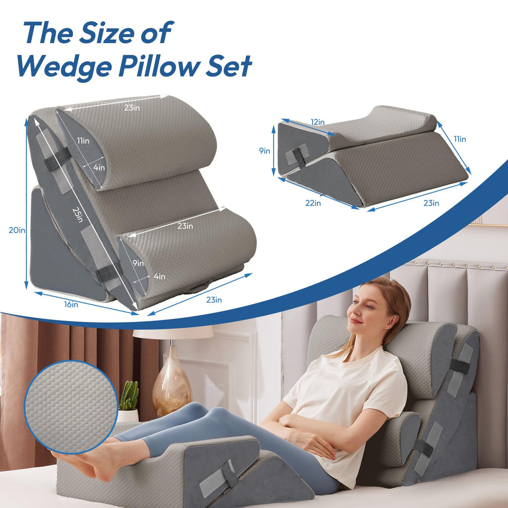Ahpmeoa 6PCS Wedge Pillow Set for After Surgery, Sit Up Pillow for Bed, Back Support Pillow, Bed Wedge for Shoulder, Leg Pain Relief, Post Surgery Pillow for Sleeping, Acid Reflux, Grey