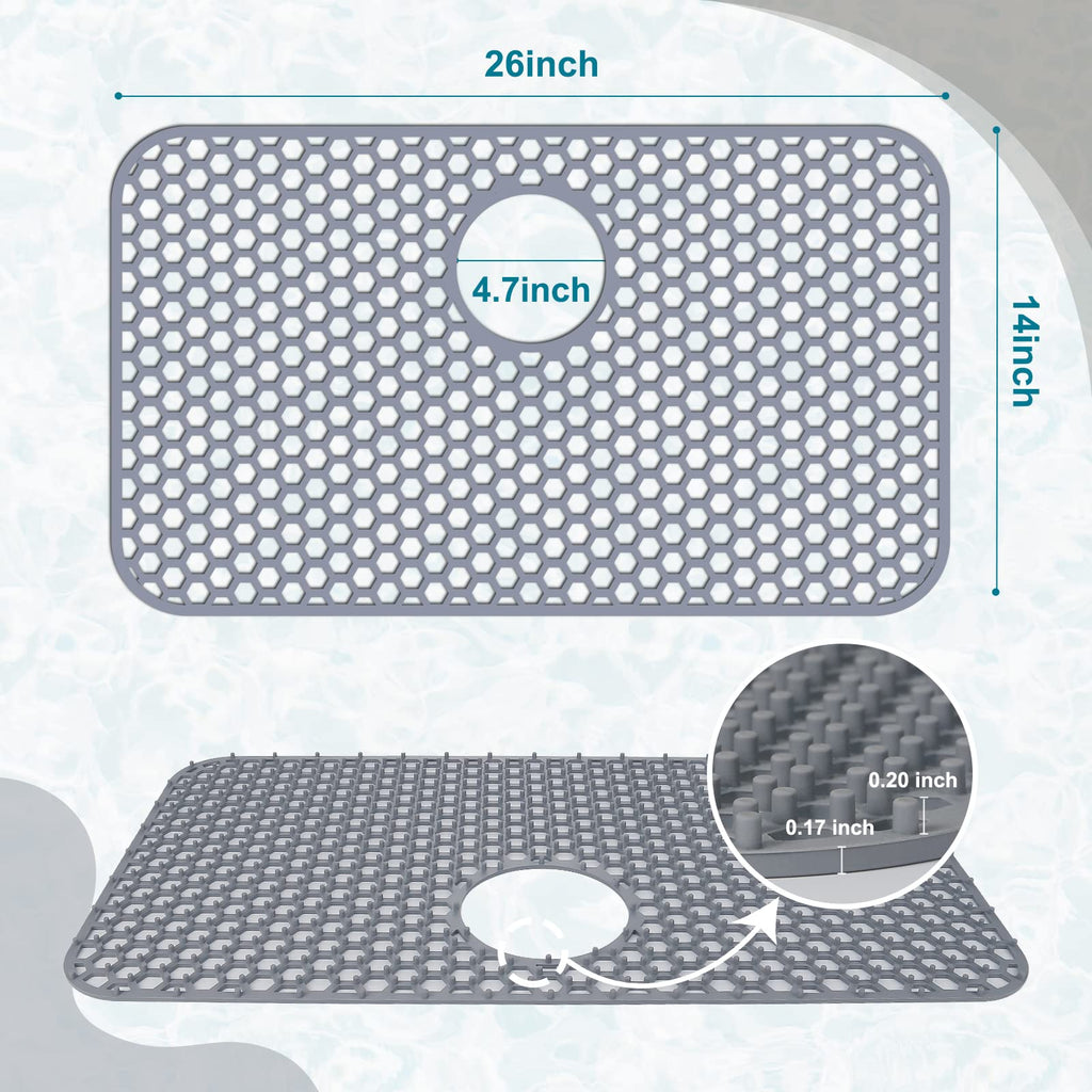 Bestjing Silicone Sink Protectors for Kitchen Sink with Rear Drain - 26"x 14" Kitchen Protector Accessory, Non-Slip Heat Resistant Grid Mat for Bottom of Farmhous Peorcelain Stainless Steel(Rear Hole)