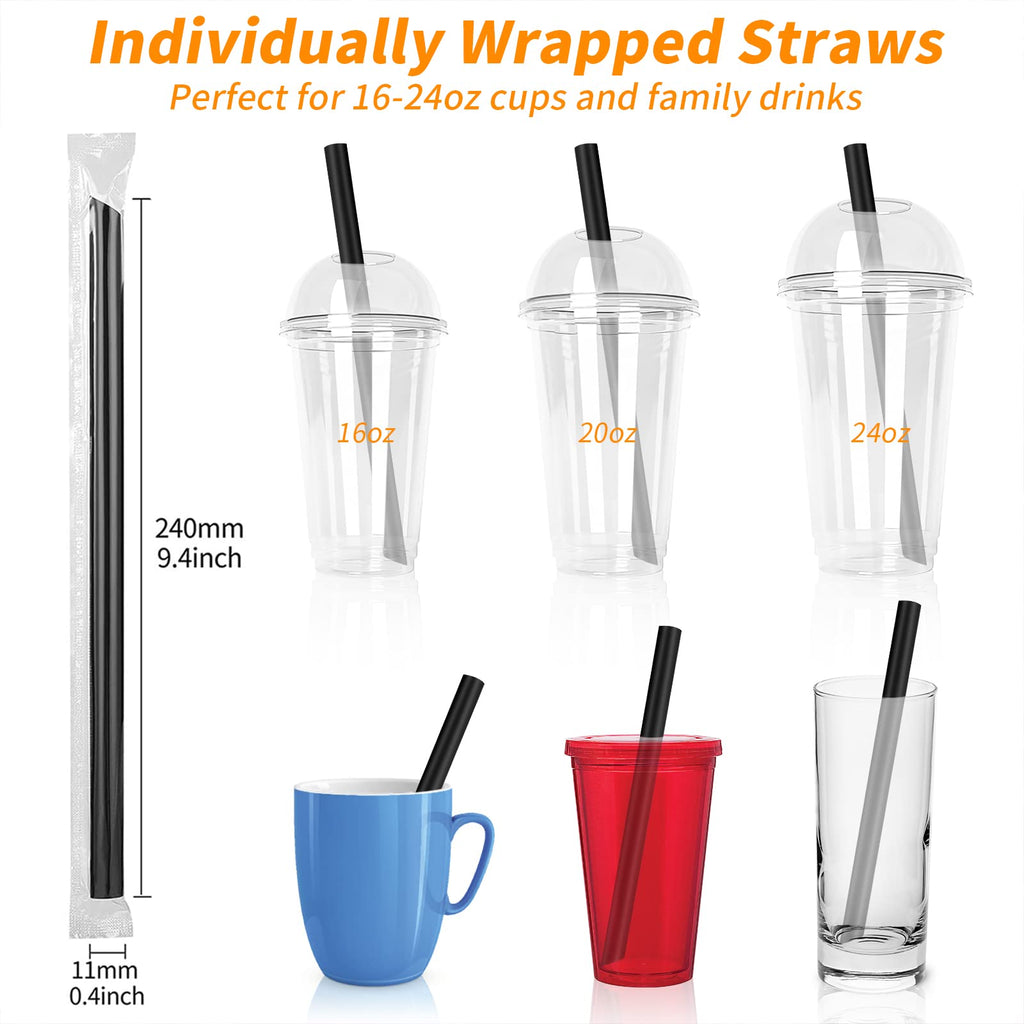 MYJIE 300 Pcs Black Boba Straws Jumbo Smoothie Straws,Individually Wrapped Plastic Disposable Wide-mouthed Large Straws(0.43" Wide X 9.45" Long)