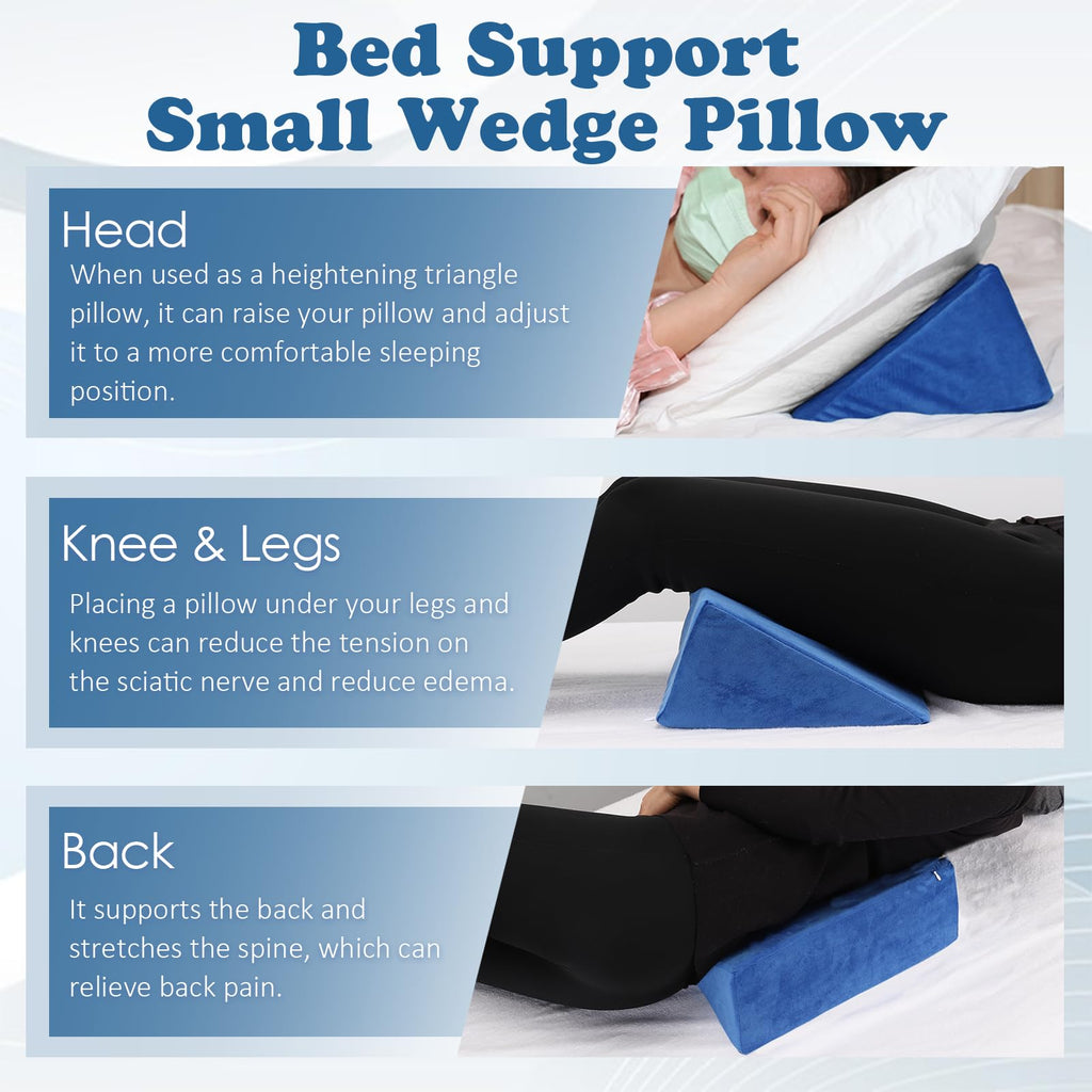 Small Wedge Pillow, Wedge Pillow for Bed Sores, Positioning Pillow, Positioning Wedge, Mini Pillow for Laptop and Yoga, Small Foam Wedge for Chair (1 Unit, Blue)