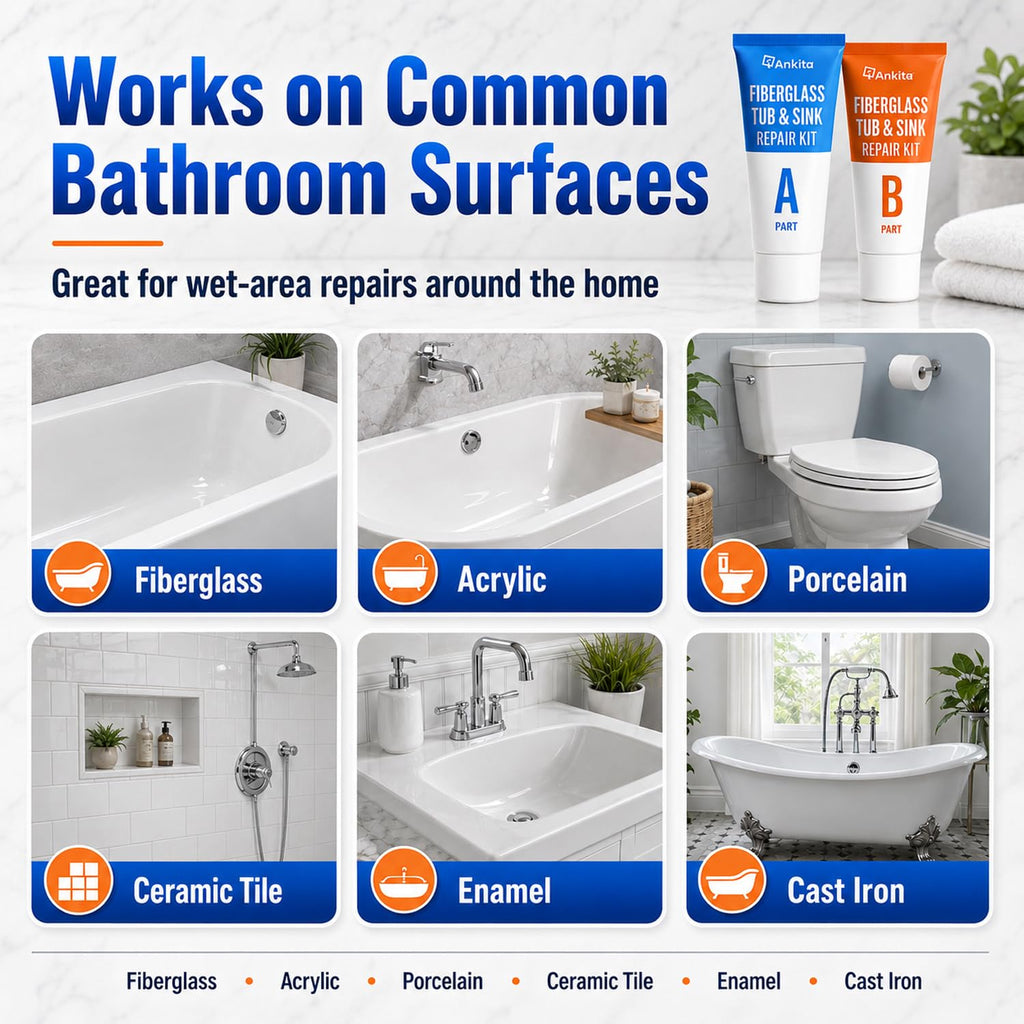 Tub Repair Kit White, Tub Chip and Bathtub Repair Kit for Enamel, Fiberglass, Acrylic, Porcelain, Patch and Repairs Chips, Crack, Scratches, Rust, Holes on Tubs, Toilet, Sink, Shower, Tray in Bathroom
