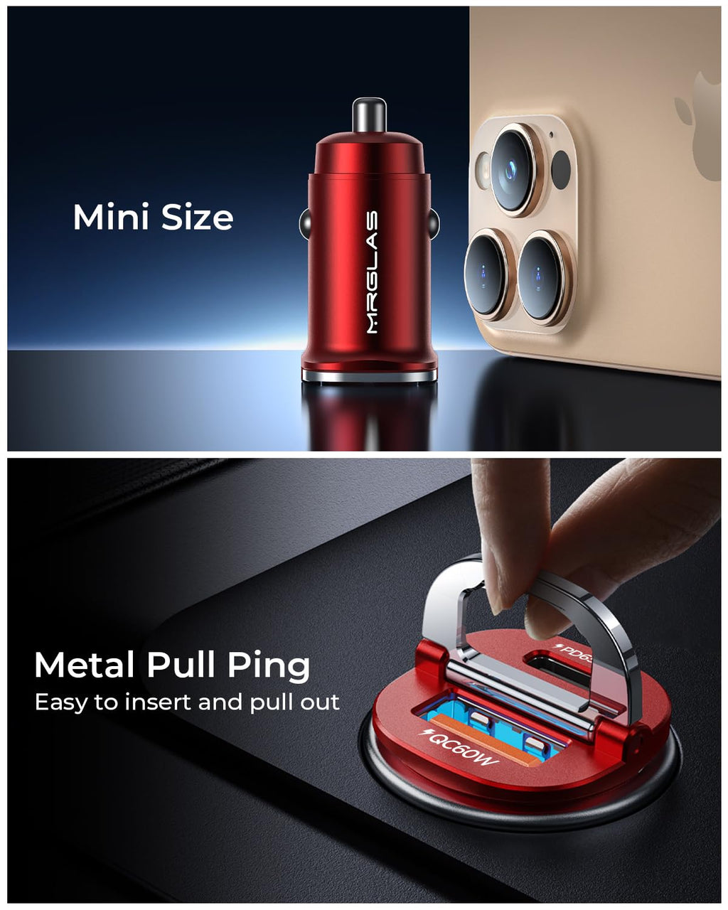 【Upgraded】 125W USB C Car Charger Super Fast Charging for iPhone 16, [PD65W & QC60W][All Metal] MRGLAS Cigarette Lighter Car Charger,Dual Port for iPhone 16 15 Pro iPad Samsung S25 S24 MacBook-Red