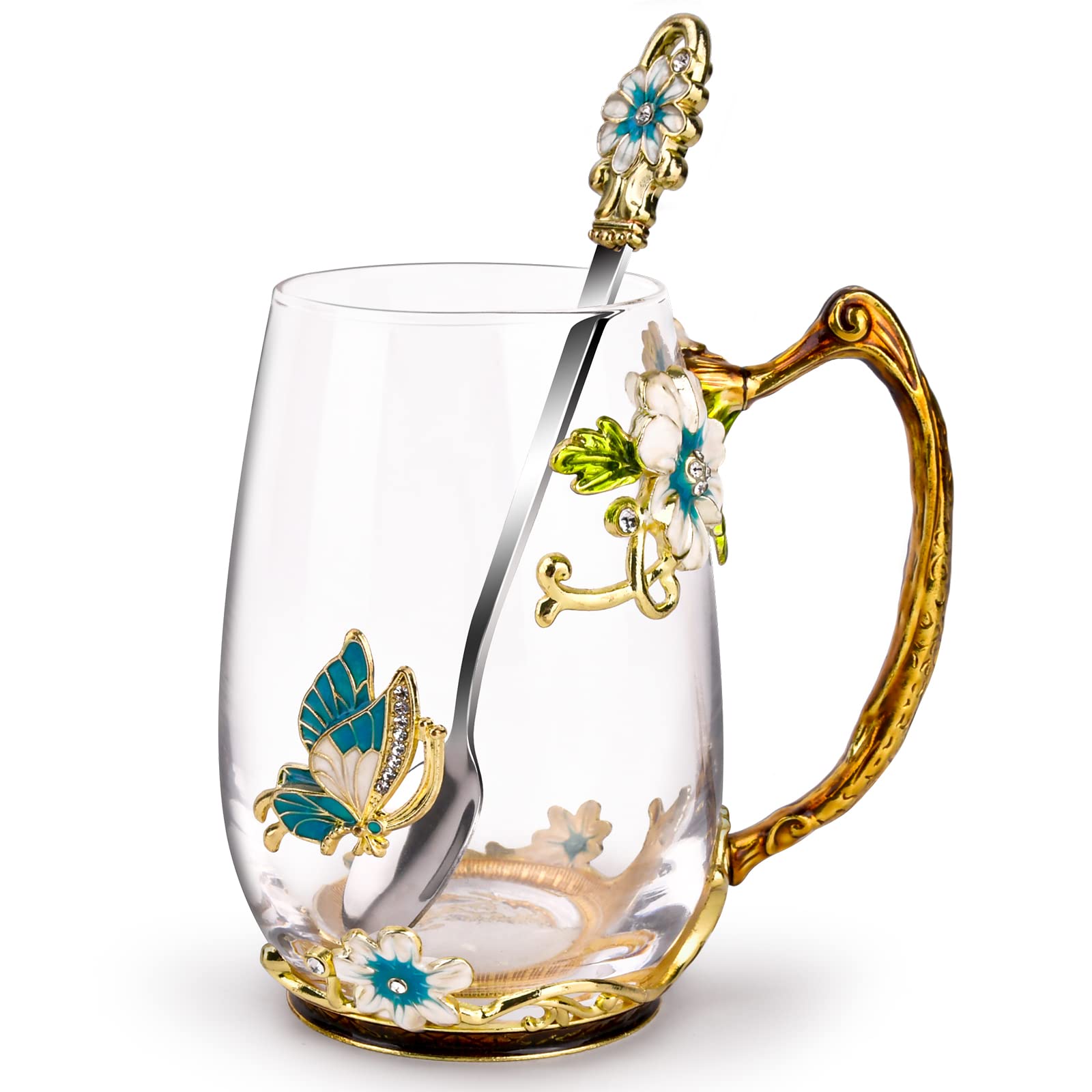OEAGO Birthday Gifts for Women Mom Glass Coffee Enamels Mug Best Mothers Day Butterfly Gifts for Her from Daughter Son Lead-Free Valentines Day Christmas Tea Cup with Spoon Sets