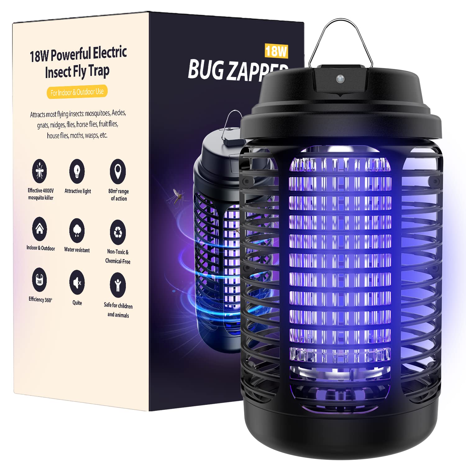 Bug Zapper Outdoor, Mosquito Zapper Indoor with Dusk to Dawn Light Sensor, 4000V Electric Fly Zapper, Waterproof Mosquito Killer, Fly Trap for Home, Patio, Kitchen, Garden - 9.8 FT Length Cable