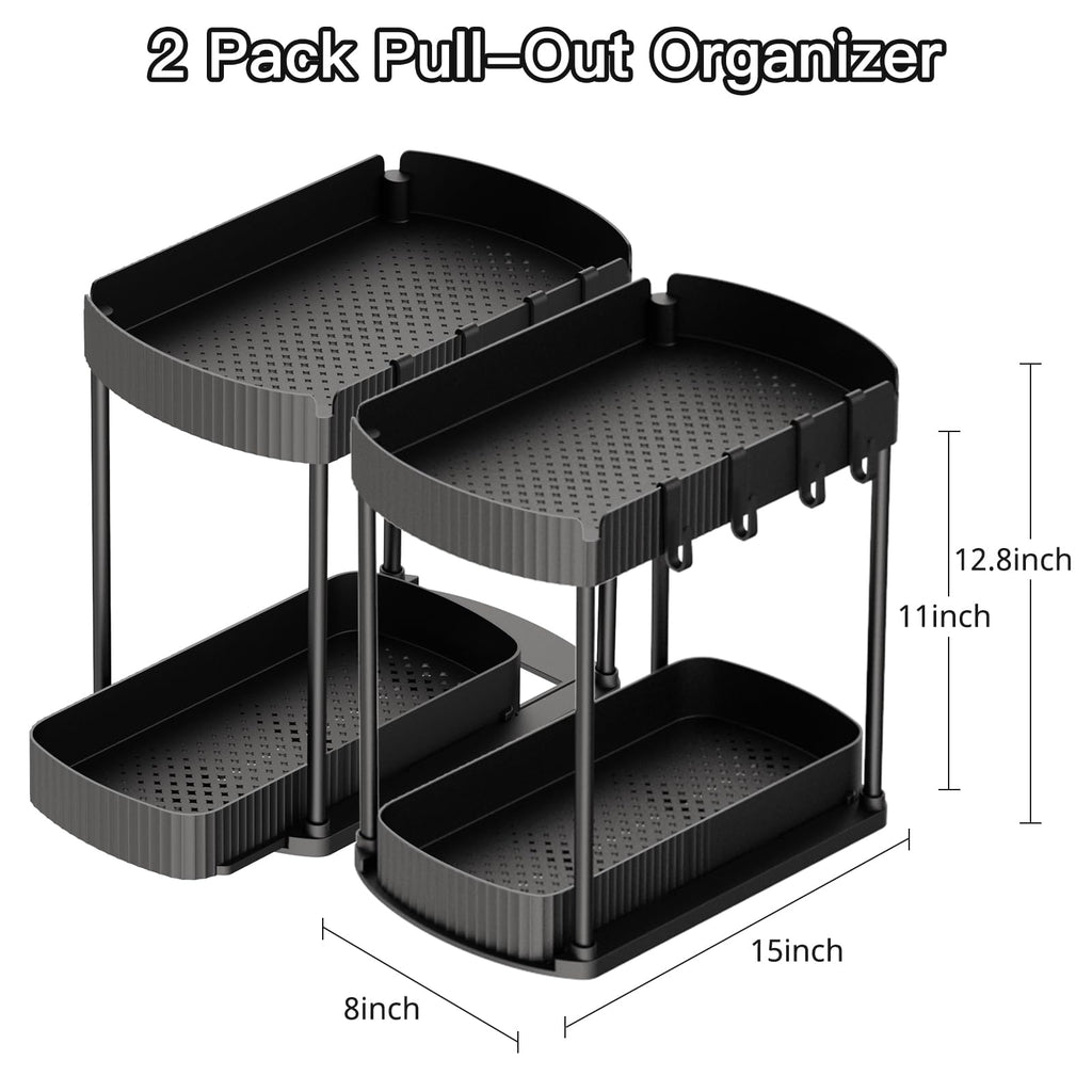 Multi-Purpose Pull-Out Storage Organizers, Under Sink/Cabinet Organizers and Storage for Bathroom & Kitchen, Black, 12.8 Inches, 2 Packs