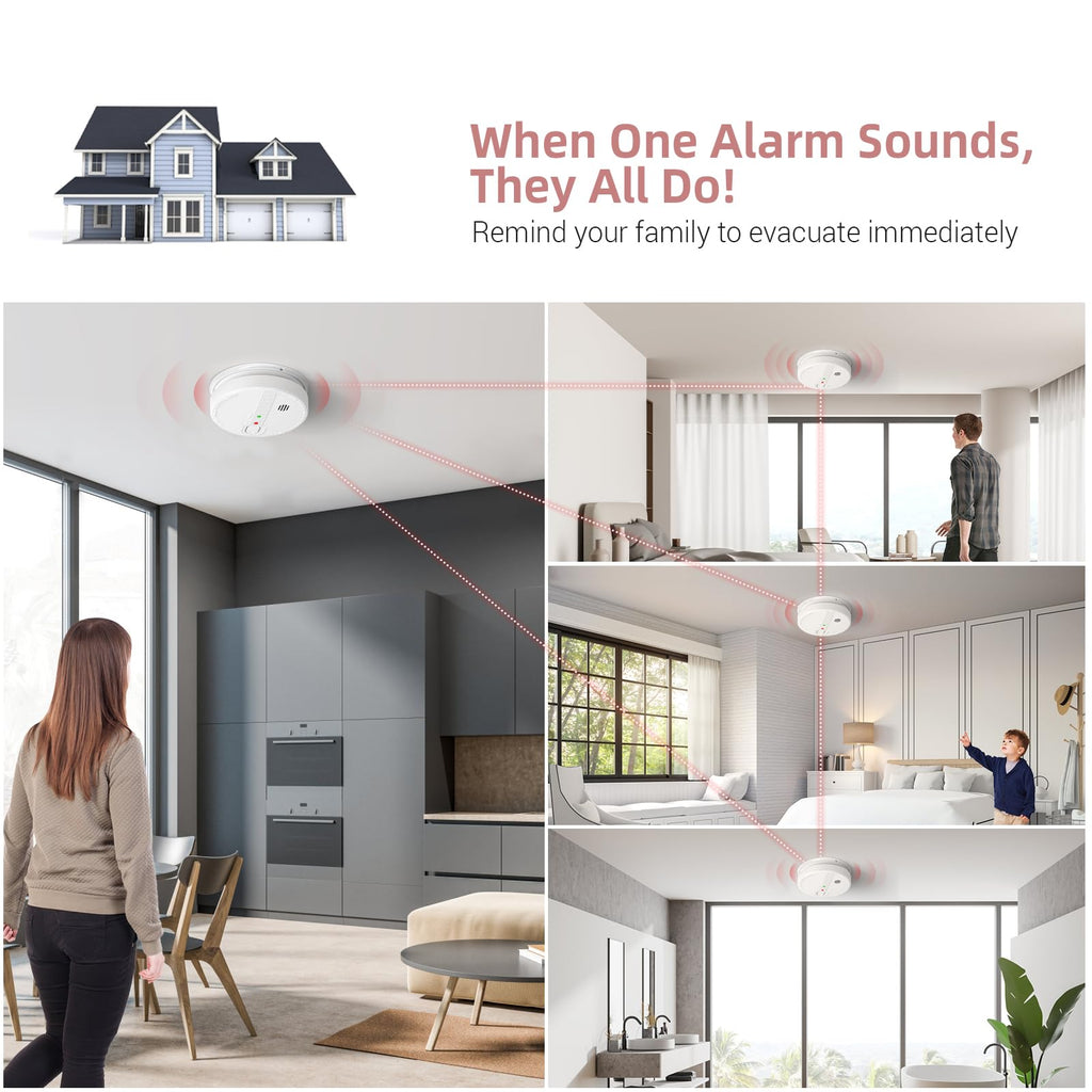 6 Packs Smoke Detector, Hardwired Interconnected Smoke Detectors, Smoke Alarm with Replaceable 9V Battery, Interconnects Up to 12 Fire Alarms, Photoelectric Fire Alarm with Test/Silence Button