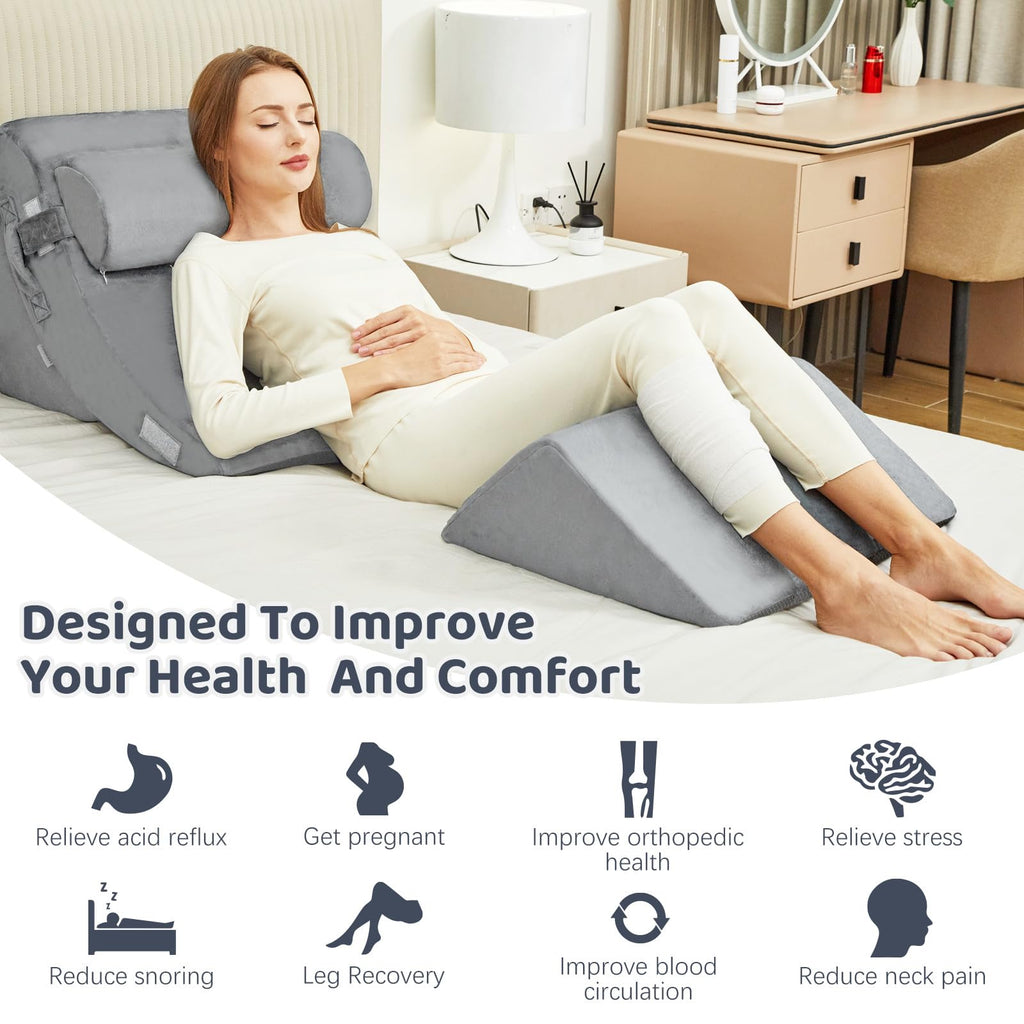 PIASHJOY 4pcs Bed Wedge Pillow for headboard，Elevated Pillows for Sleeping， Foam Wedge for Back Pain Relief and Leg Pain，Pillow Wedge for Acid Reflux Relief and Anti-snoring