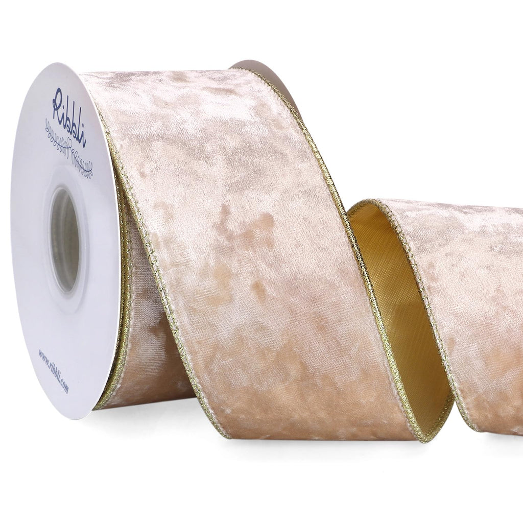 Ribbli Champagne Velvet Wired Ribbon 2.5 Inch Metallic Champagne Gold Crushed Velvet Christmas Ribbon for Gift Wrapping Christmas Tree Decoration Crafts Wreaths Supplies-Continuous 10 Yards