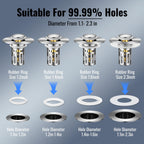 5-in-1 Bathroom Sink Stopper, 2 Pc Pop-Up Drain Stopper with Removable Hair Catcher, Anti-Clog Strainer, Odor Blocking & One-Way Flow Design, All Metal Brass Core & Stainless Steel, Fit 1.1"–2.36"
