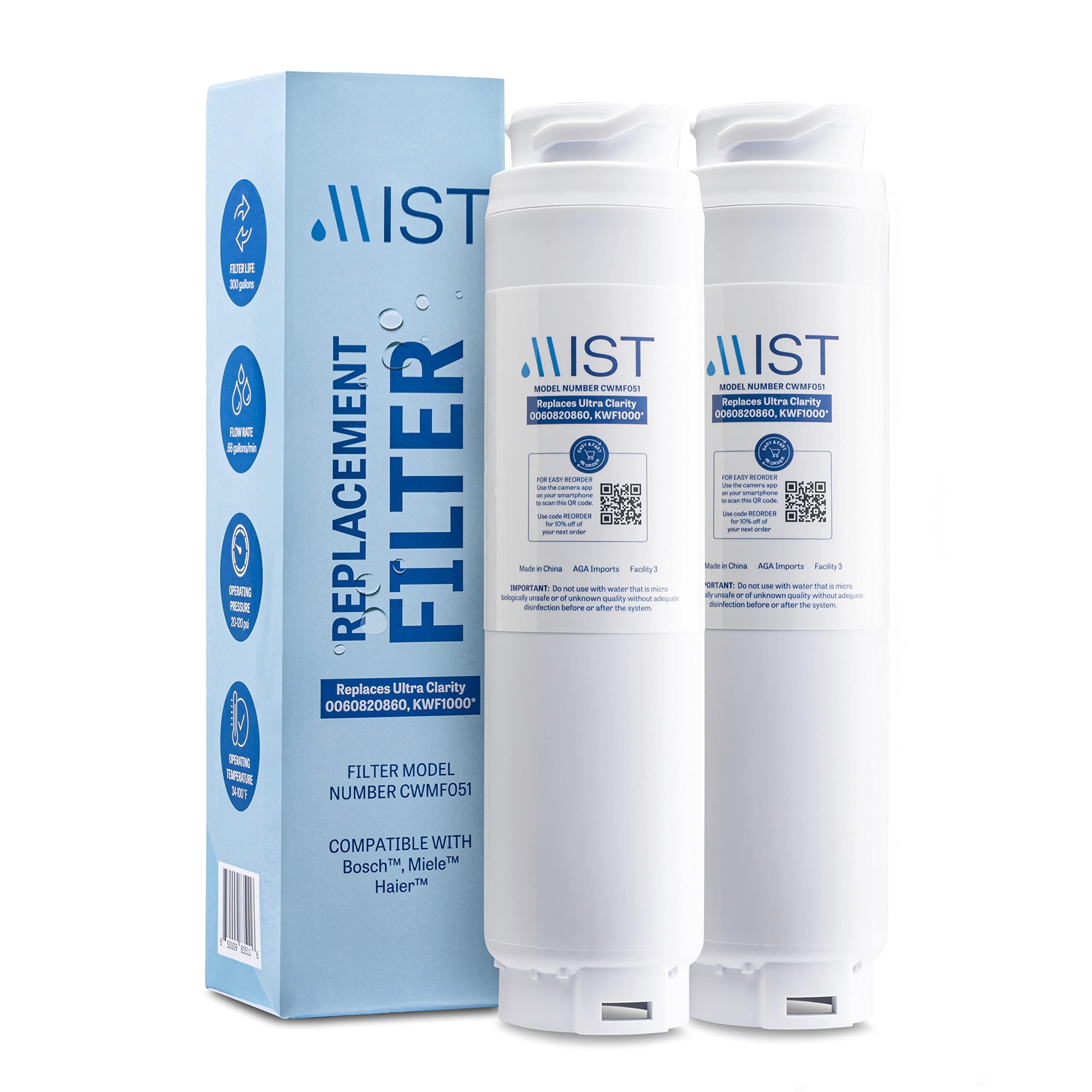 Mist Ultra Clarity Water Filter Replacement for Bosch, Refrigerator Water Filter compatible with 644845, 9000077104, 9000194412, Haier 0060820860, 0060218744, Miele KWF1000, Bosch Water Filter(2 pack)