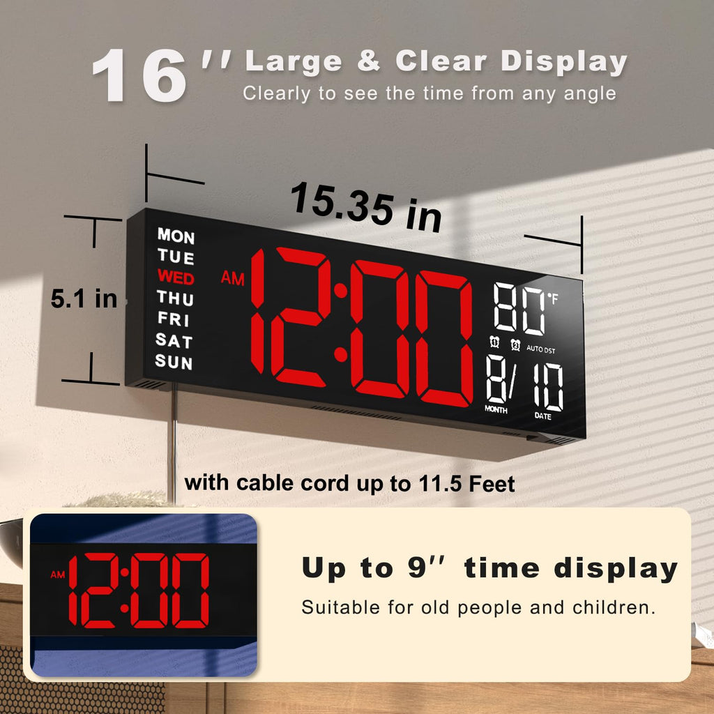 JALL 16" Large Digital Wall Clock Timer, Remote Controll, 2 Alarms, LED Display, 8 RGB Color, Auto DST, Temperature for Living Room, Bedroom, Desk, Mounted, Gift for Elderly (Red White, 16 inches)