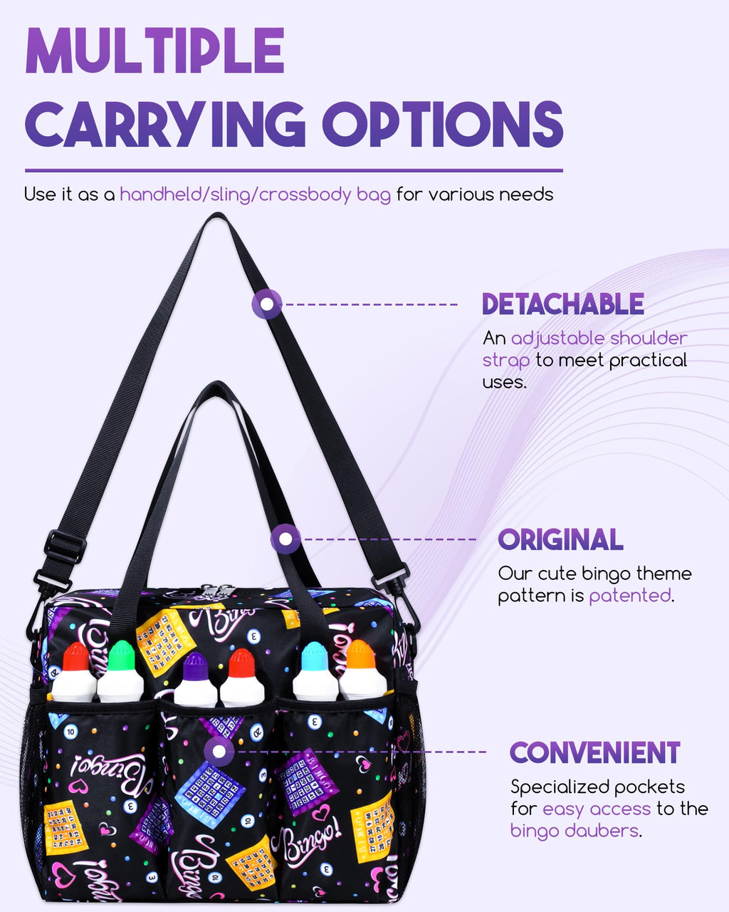 Bingo Bag with Pockets for Bingo Daubers Dabbers Dobbers Black Bingo Bag for Bingo Stuff Supplies Bingo Game Accessories for Bingo Lovers Players Bingo Prizes for Adults Seniors Elderly Juego de Bingo