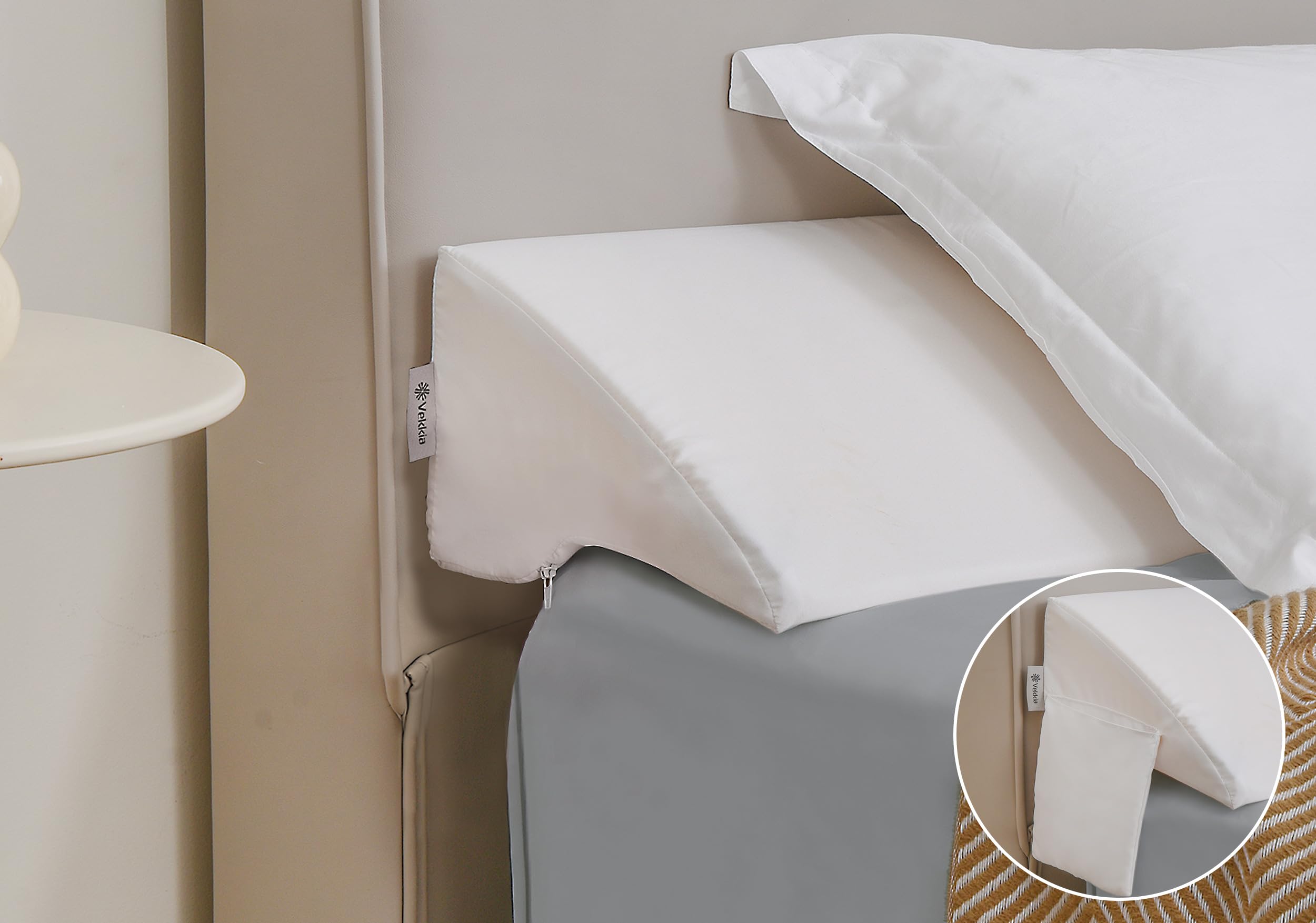 Vekkia King Bed Wedge Pillow for Headboard Gap Filler(0-5"),High-Density Foam,Prevents Pillows & Items from Falling,Ergonomic Design,Large Storage Pockets, Removable&Washable Cover,White,76''x10 x6