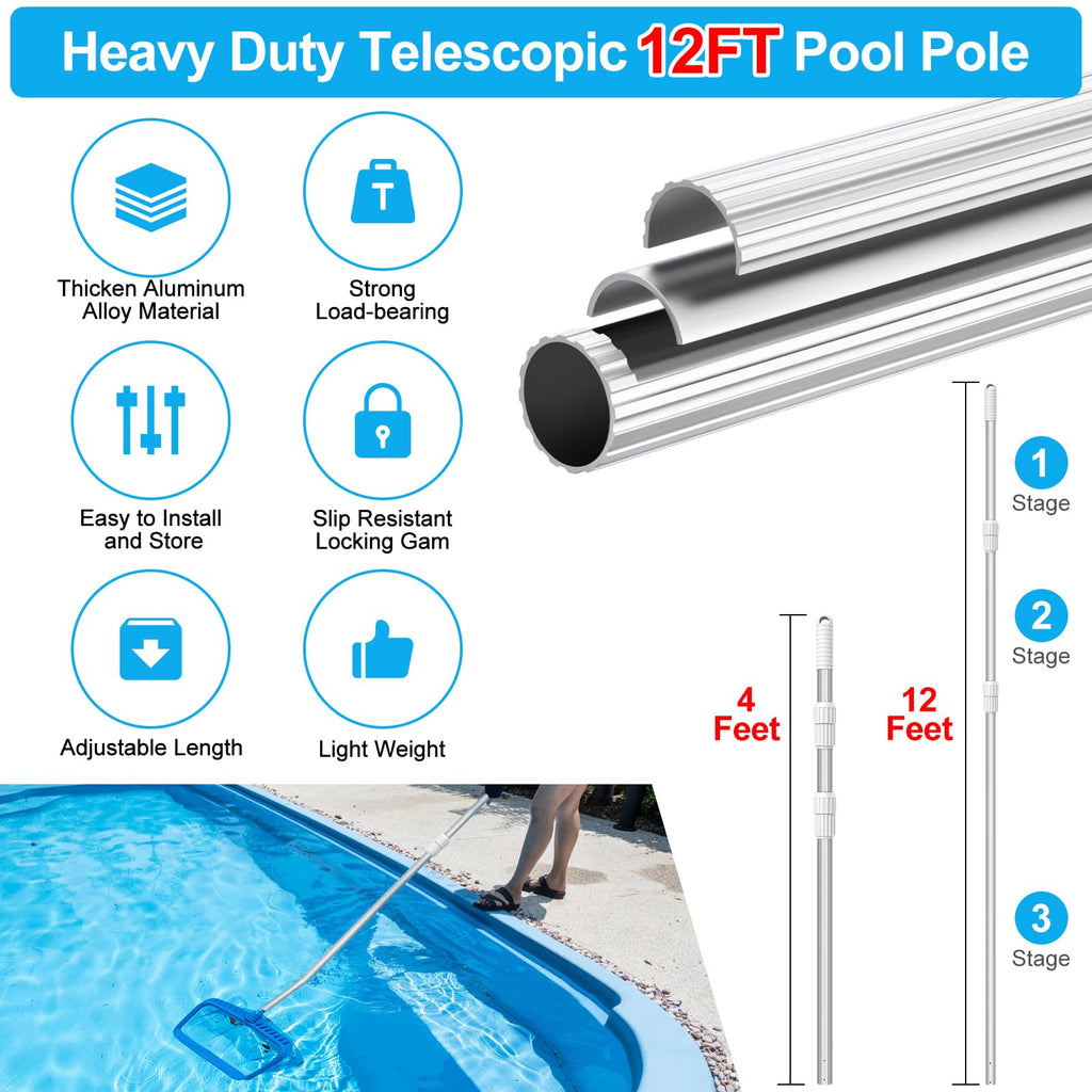 YEECHUN Professional Thicken 12 Foot Swimming Pool Pole Telescopic Aluminum Fits Pool Net Skimmer Rake Vacuum Head Brush Cleaning Equipment Heavy Duty,for Skimmer Nets, Vacuum Heads and Brushes