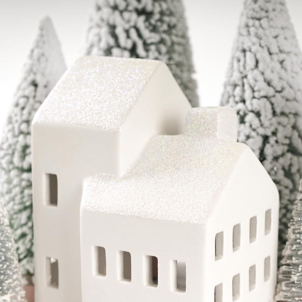 Zesua Christmas Decorations Indoor - Christmas Village Sets of 5 Ceramic Houses with LED Lights Remote and 9 Trees - Winter Rustic Farmhouse Home Holiday Xmas Decor for Mantel Tabletop Room