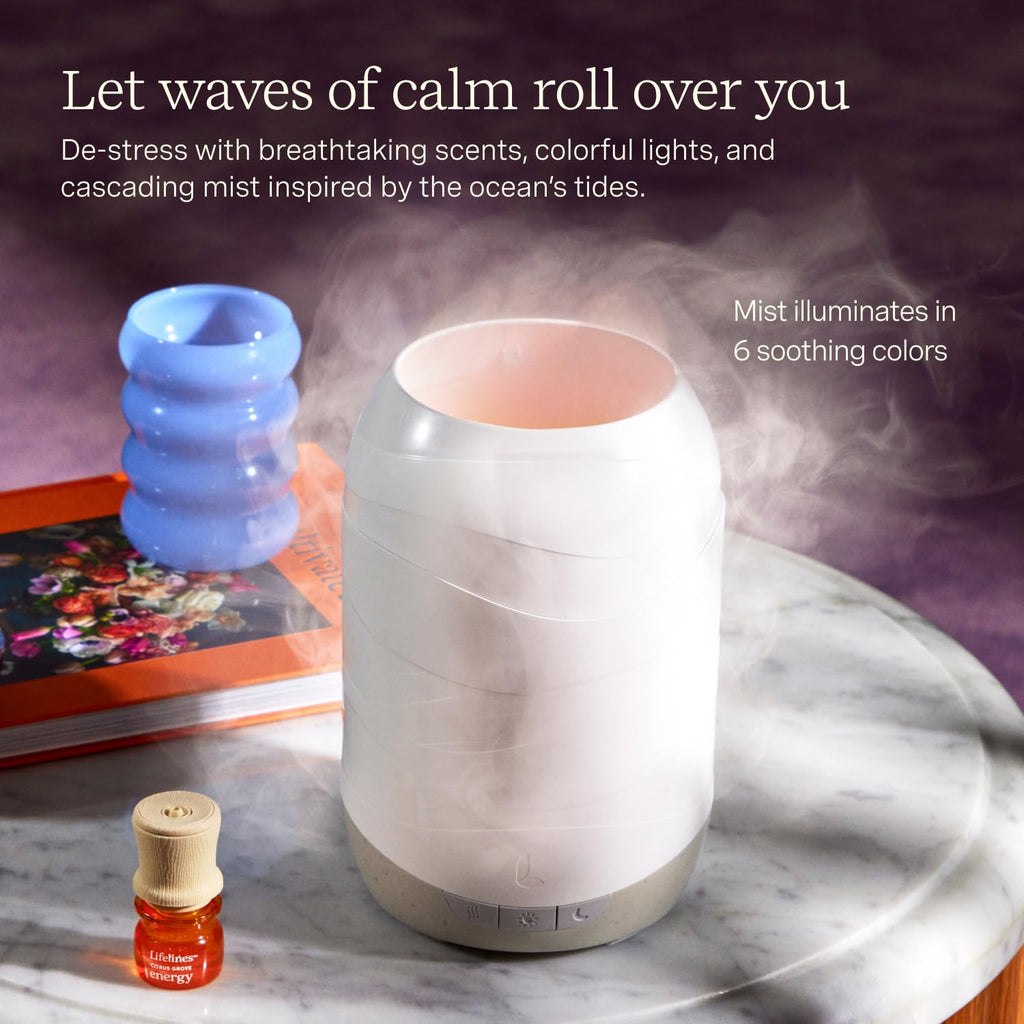 200 ML Waves Ultrasonic Diffuser with Cascading Mist + Essential Oil Discovery Set 5-Pack - 100% Pure Essential Oils & Sustainably Sources Botanicals - Natural - 7.5 ML Bottles