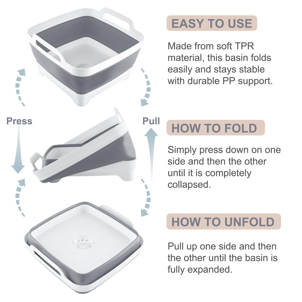 Goderewild 2.4 Gal(9L) Collapsible Dish Basin with Drain Plug, Space Saving Outdoor Multiuse Foldable Sink Tub, Dishpan, Kitchen Storage Tray for Camping, Vegetable Washing, RV (Gray)