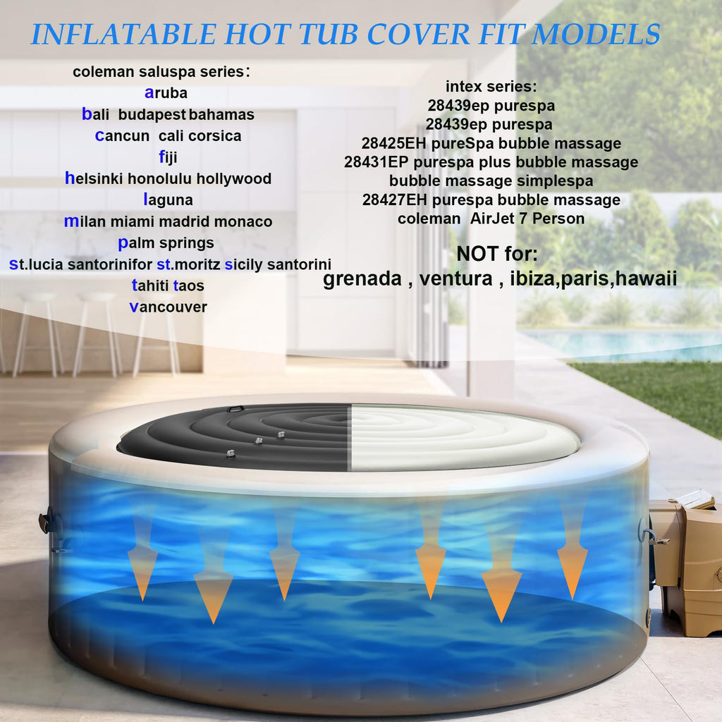 Inflatable Hot Tub Cover Round, Fits Saluspa Coleman Intex Cover, Thermal Insulated & Energy-Saving Weatherproof Protector, Unique Design Flexible Adjust Pool Cover Size Replacement-Life Time Support