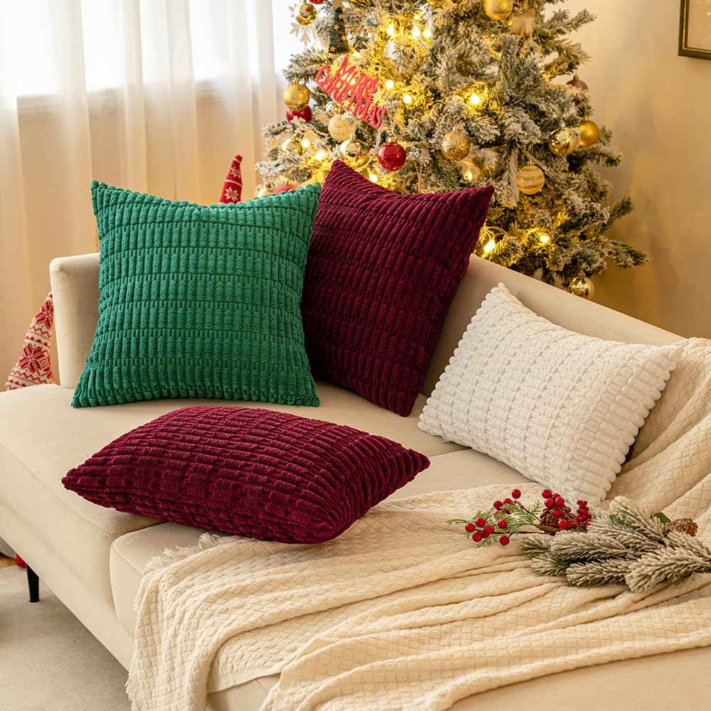 MIULEE Pack of 2 Green Corduroy Decorative Throw Pillow Covers 18x18 Inch Soft Boho Striped Pillow Covers Modern Farmhouse Christmas Home Decor for Sofa Living Room Couch Bed
