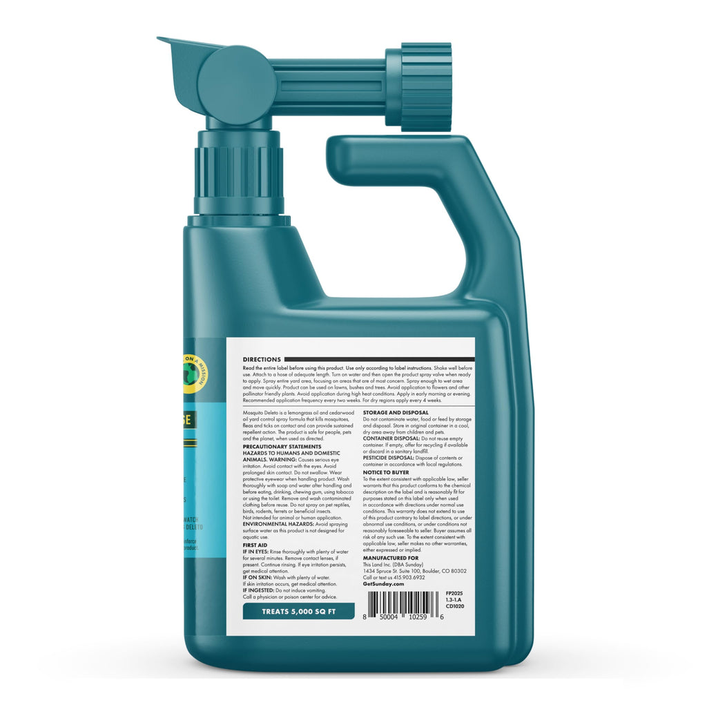 Sunday Mosquito Deleto - Mosquito Repellent & Bug Control Spray - Concentrated Lemongrass & Cedar Oils - for Mosquitoes, Fleas, & Ticks - Lasts up to 4 Weeks - Hose-On Sprayer, 32 Fl Oz