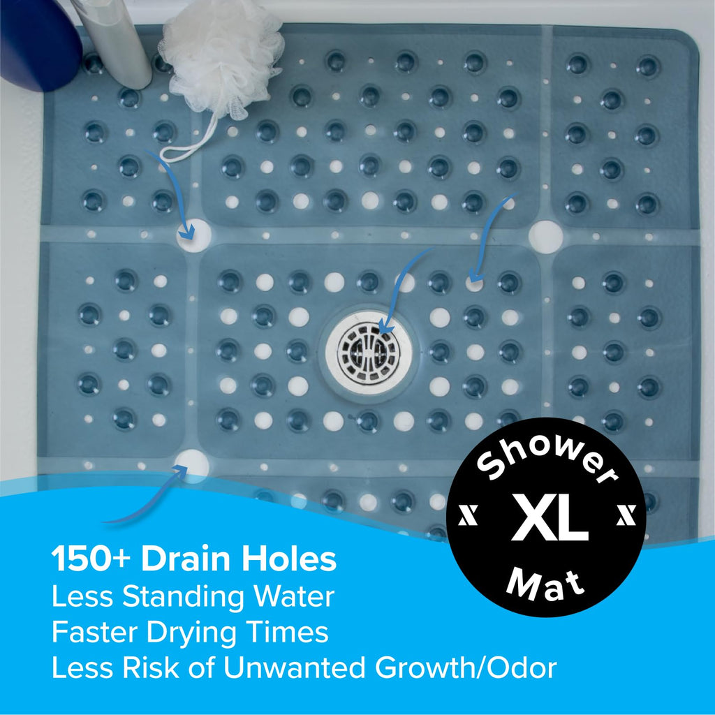 SlipX Solutions Extra Large Square Shower Mat, 27"x27", Non-Slip Stall Mat for Elderly & Kids Standing Bath Tub Mat, Machine Washable, Suction Cups, Dusty Blue