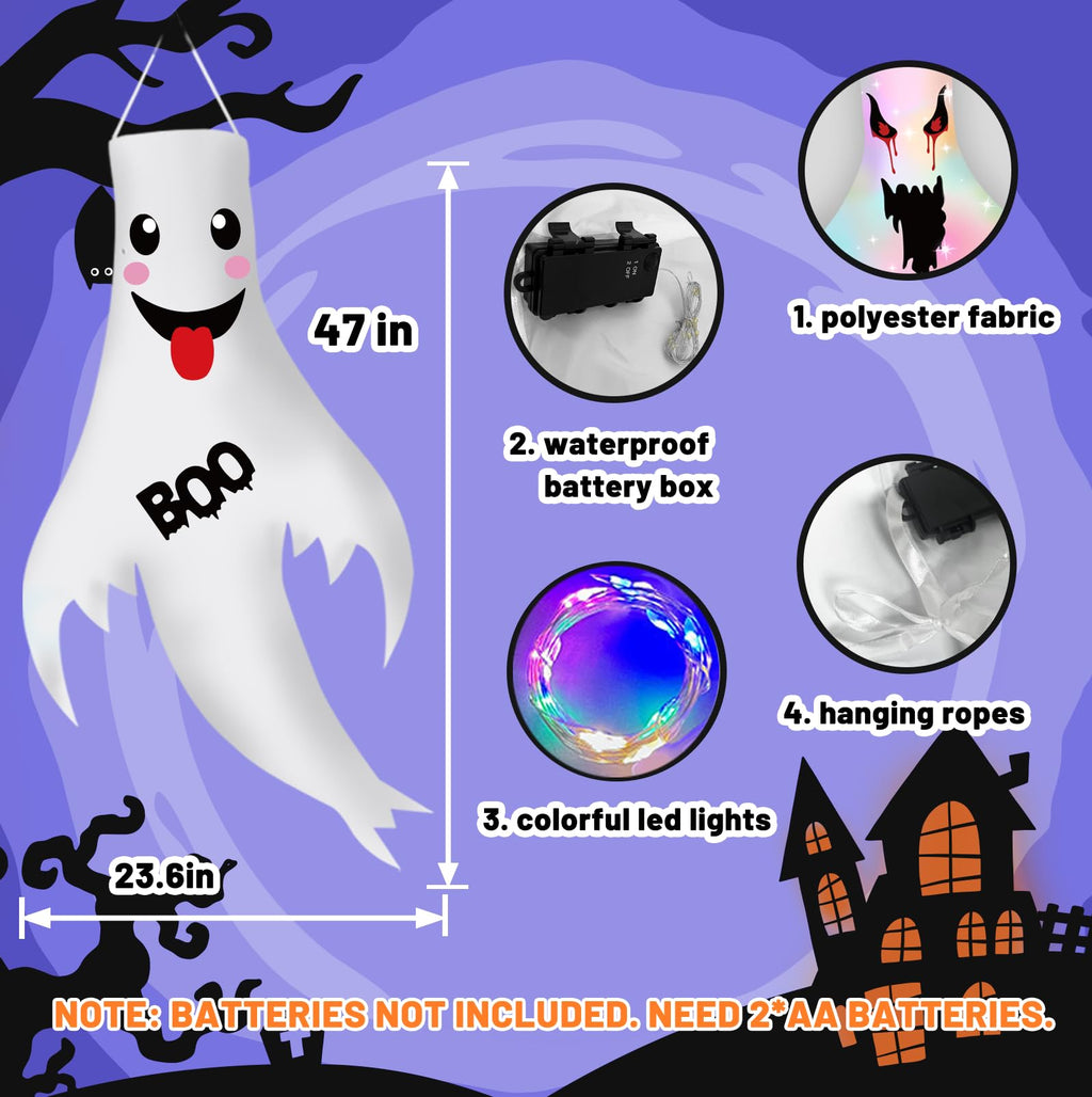 2Pcs 47" Halloween Ghost Windsocks Decorations with LED Light Outdoor Halloween Decorations Hanging Ghost Windsocks Décor for Halloween