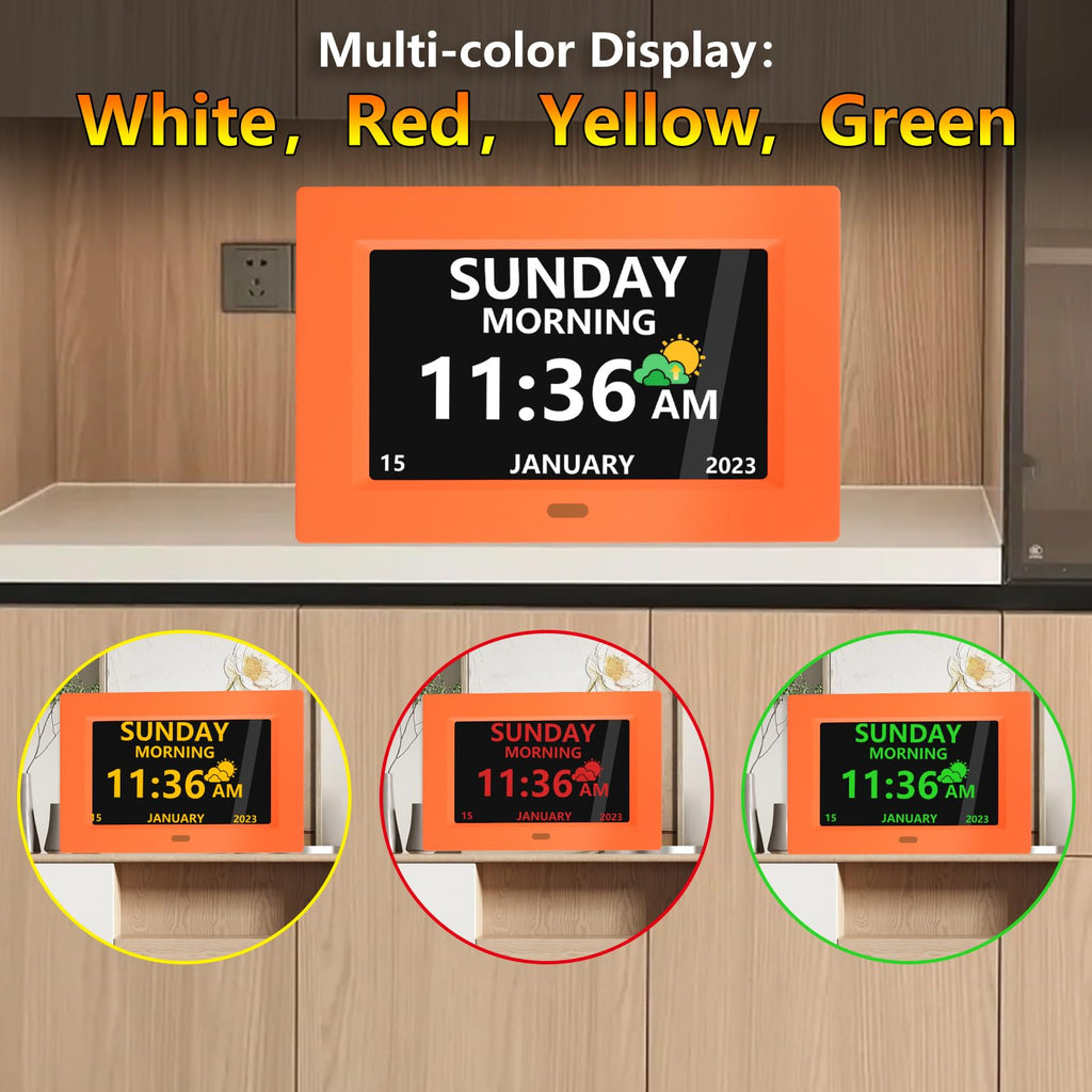 LXBYJKJ 7 Inch Digital Clock with Day and Date for Elderly Alzheimer's Dementia Clock Customizable Alarms 3 Display Modes Large Font Digital Alarm Clock for Seniors Orange