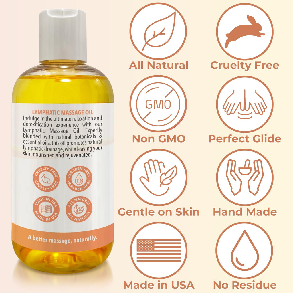 Lymphatic Massage Oil for Massage Therapy | 100% Natural Lymphatic Drainage Oil | Premium Quality with Arnica, Lemon & Ginger Oil | for Post Surgery Recovery & Detox | 8oz by Brookethorne Naturals
