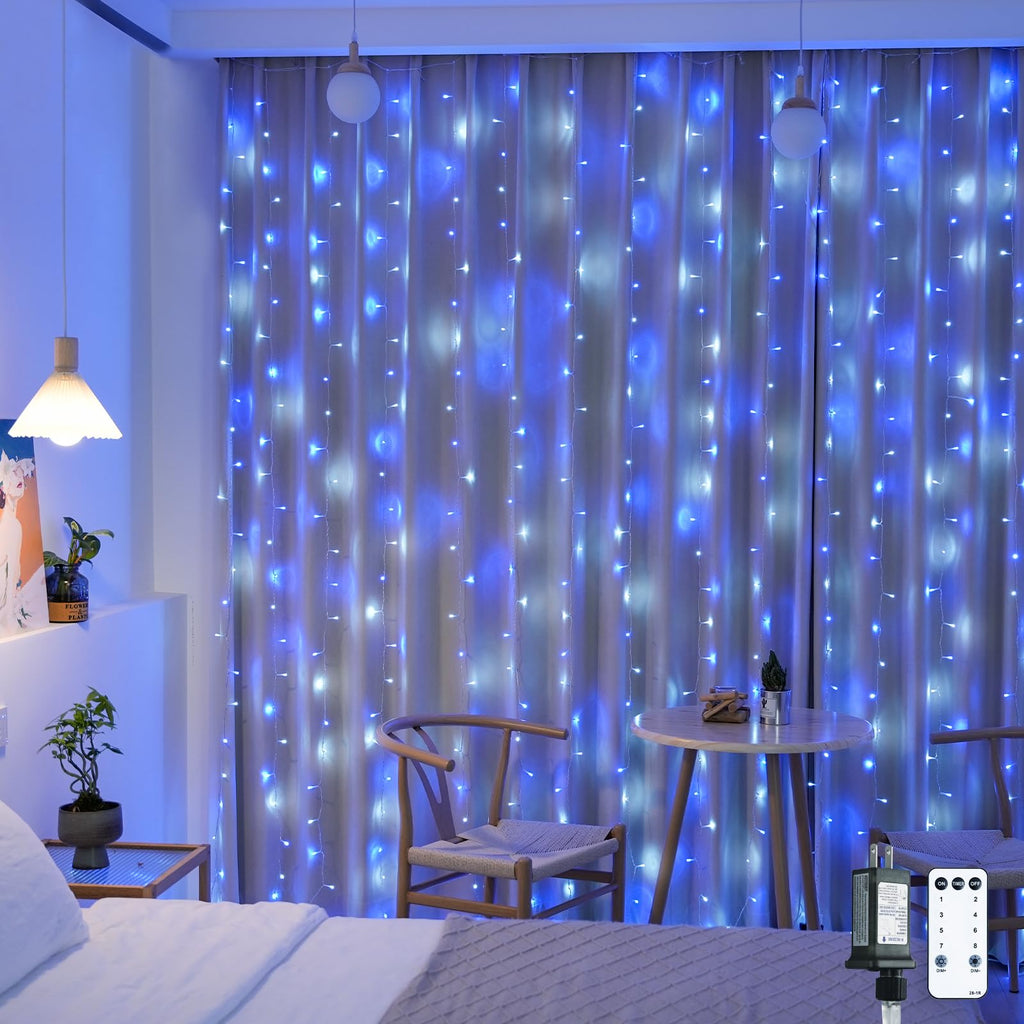 JMEXSUSS 300LED Curtain Lights Plug in with Remote, 9.8x9.8ft Blue and White Christmas Lights Outdoor, 8 Modes Hanging Fairy String Lights for Bedroom Party Window Wall Yard Patio Porch Indoor Decor