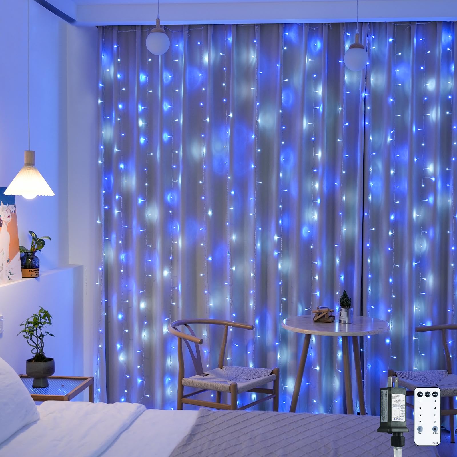 JMEXSUSS 300LED Curtain Lights Plug in with Remote, 9.8x9.8ft Blue and White Christmas Lights Outdoor, 8 Modes Hanging Fairy String Lights for Bedroom Party Window Wall Yard Patio Porch Indoor Decor