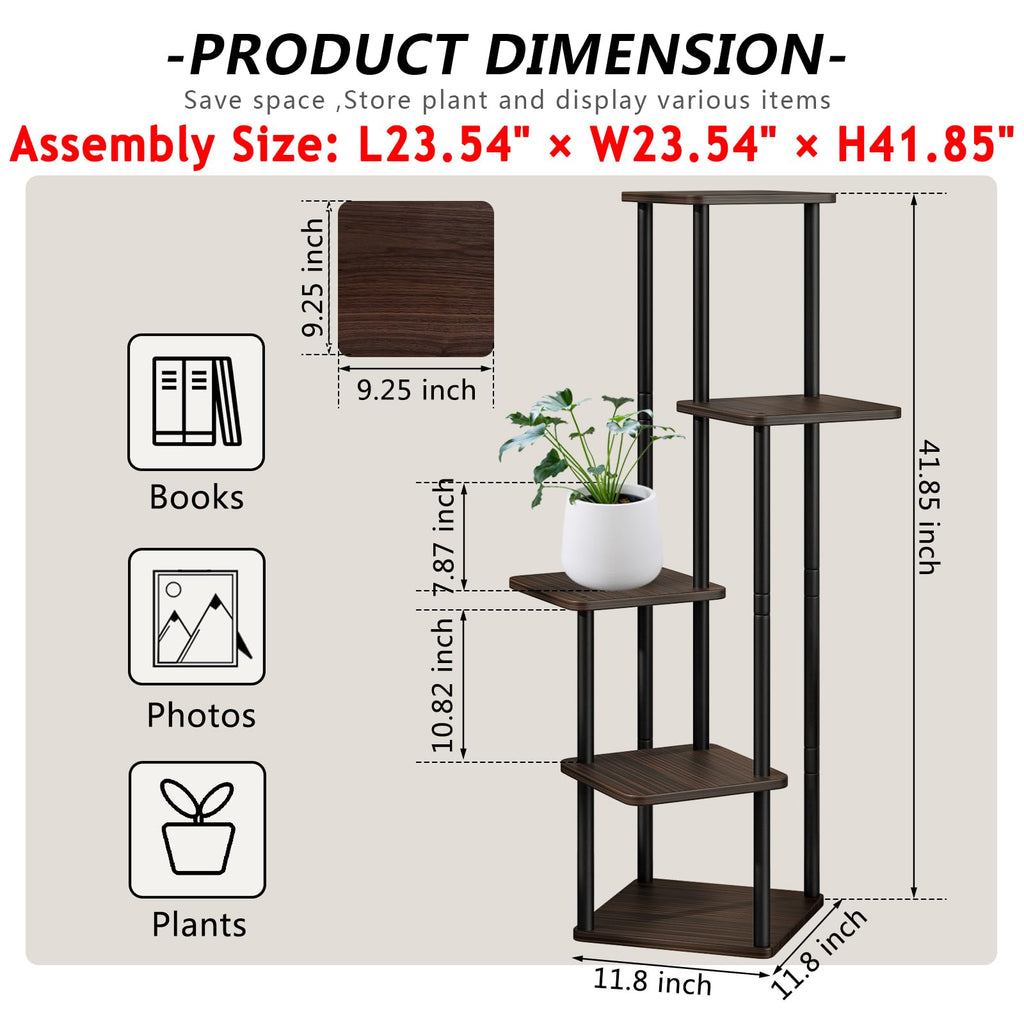 AZERPIAN Plant Stand 5 Tier Indoor Metal Flower Shelf for Multiple Plants Corner Tall Flower Holders for Patio Garden Living Room Balcony Bedroom, Black Oak (5 Tier-Black Oak)