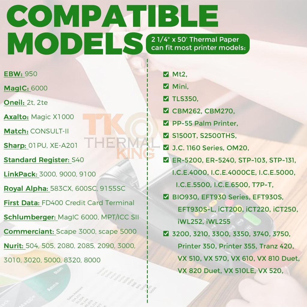 TK Thermal King, (50 Rolls) 2 1/4" x 50' feet Thermal Paper, POS Cash Register Receipt Rolls, Fits All Credit Card Terminal, Premium Quality, White