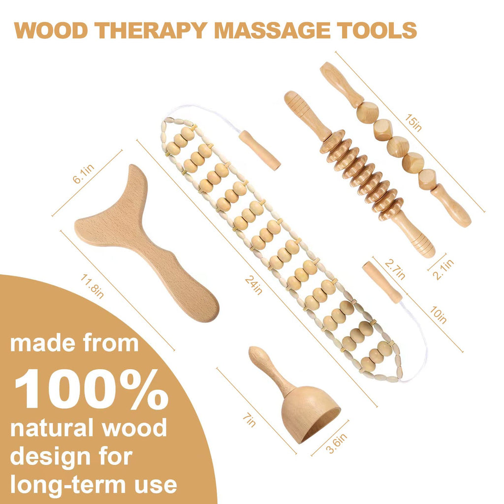 OYHMC Wood Therapy Massage Tools Professional Maderoterapia Kit Body Sculpting Tools for Lymphatic Drainage and Anti-Cellulite.Wood Massager Roller Rpoe for Back and Muscle Pain Relief (5pcs)