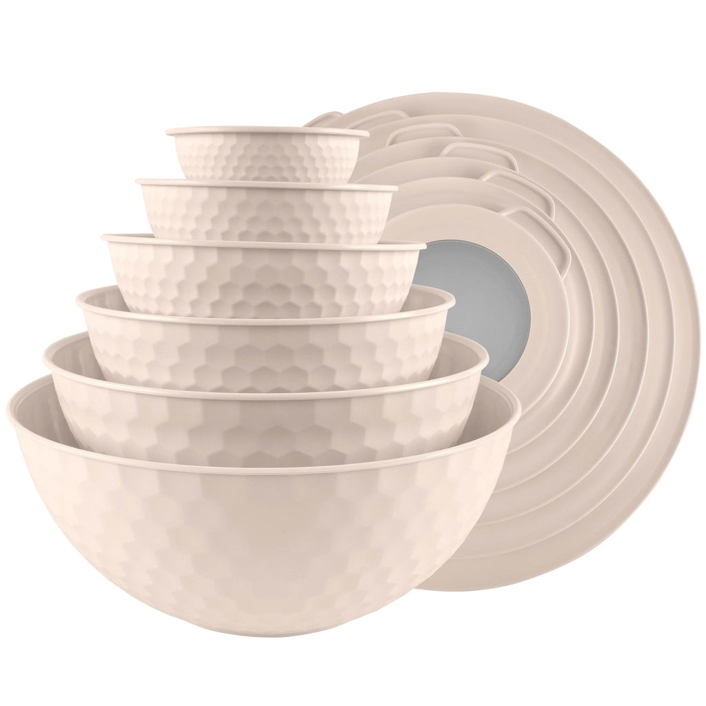 COOK WITH COLOR Mixing Bowls with Lids - 12 Piece Plastic Nesting Bowls Set includes 6 Prep Bowls and 6 Lids, Non Slip Bottom and Embossed Design - Microwave Safe (Cream)